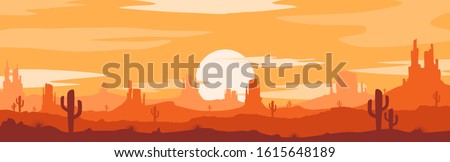 Vector illustration of sunset desert landscape. Wild Western Texas desert sunset with mountains and  cactus in flat cartoon style. Royalty-Free Stock Photo #1615648189