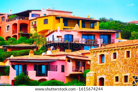 Cottage and scenery in Porto Cervo on Sardinia Island of Italy in summer. Villa and Landscape View on Sardinian town in Sardegna. Olbia province. Mixed media. Royalty-Free Stock Photo #1615674244