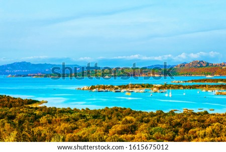 Landscape and scenery of Golfo Aranci at Costa Smeralda, Sardegna island in Italy in summer. Sassari province near Olbia and Cagliari. In Mediterranean sea. Yachts, boats and ships. Mixed media.