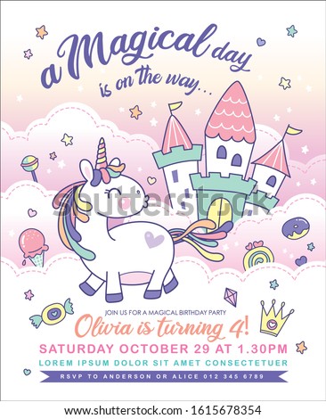 Birthday party invitation card template with a cute unicorn, castle and magical elements