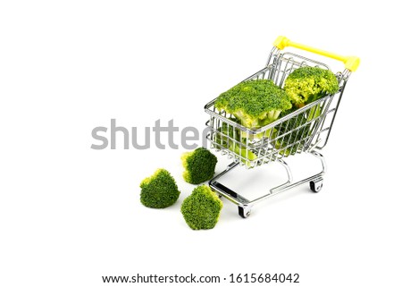 Broccoli in a shopping cart, Isolated on white background.