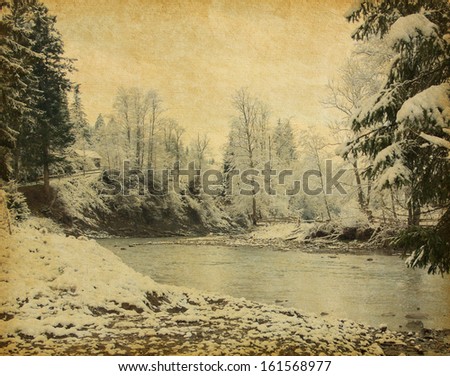 Retro image of winter landscape in the carpathians mountains, Ukraine .  