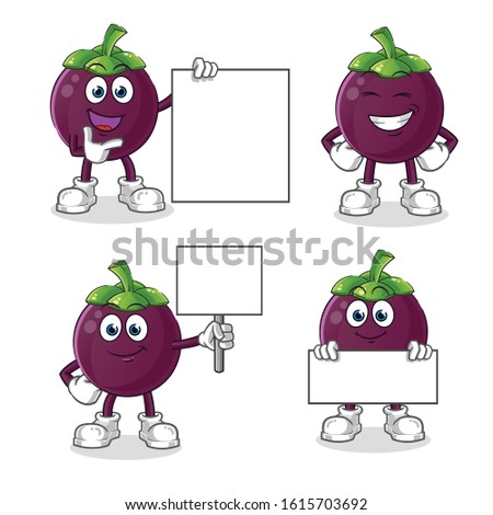 Mangosteen smile holding board 4 poses cartoon. cartoon mascot vector