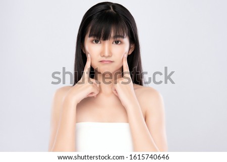 Portrait beautiful young asian woman clean fresh bare skin concept. Asian girl beauty face skincare and health wellness, Facial treatment, Perfect skin, Natural make up, on white background.