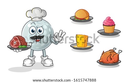 golf ball chef with many types of food cartoon. including cheese, burgers, cupcakes, chicken and beef. cartoon mascot vector