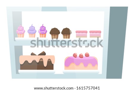 Showcase with baked desserts inside. Chocolate and biscuit cupcakes and cakes decorated with berries and buttercream. Delicious pastry on stand in confectionery. Vector illustration in flat style