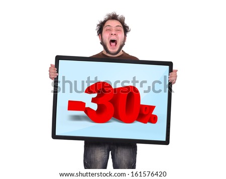 crazy man holding plasma panel with discount