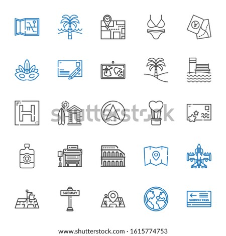 travel icons set. Collection of travel with pass, globe, maps, subway, position, airplane, map, colosseum, bus stop, sun lotion, postcard. Editable and scalable travel icons.