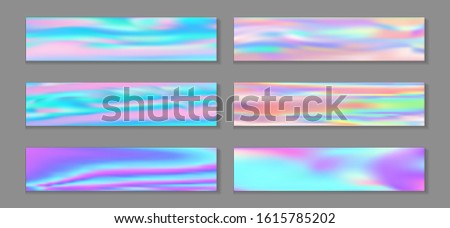 Neon holo cute banner horizontal fluid gradient mermaid backgrounds vector set. Silk hologram texture gradients. Fluid liquid effect minimal mermaid backgrounds.