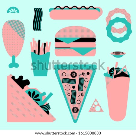 Fast food pattern in turquoise, pink and black. Retro style with dots. Flat design.