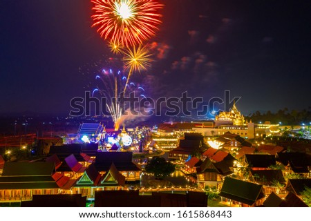Beautiful fireworks over cityscape at night , Pattaya Thailand. The celebration of fireworks of Loy Krathong festival in Pattaya city, Thailand.