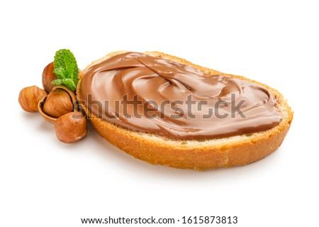 Fresh bread with chocolate paste on white background Royalty-Free Stock Photo #1615873813
