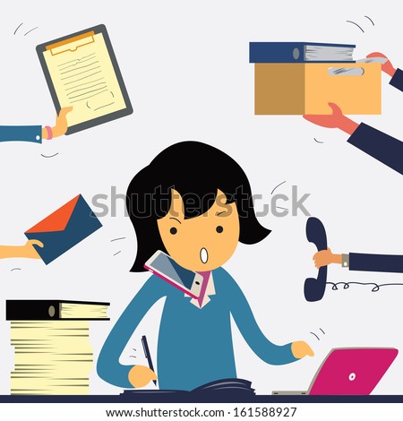 Very busy business woman working hard on her desk in office with a lot of paper work, talking on smart phone. Business concept on hard working.  Royalty-Free Stock Photo #161588927