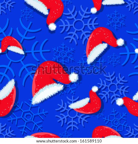 Light Blue Christmas Seamless Pattern with Decorative Snowflakes and Red Santa Hat on Dark Blue Background. Vector illustration
