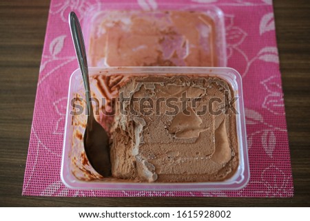 Home made chocolate ice cream with a spoon inside a container
