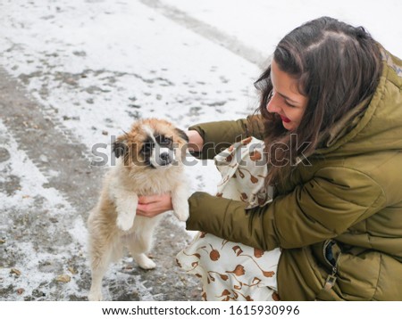 Girl stroking a puppy on the street. winter and pets. Teenager girl hug puppy shepherd dog close up photo.