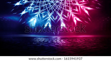 Empty dark abstract background. Empty street background. Glow of neon lights on an empty road. Night view of the city