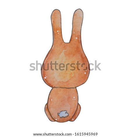 Hand drawn watercolor Easter elements. Cartoon rabbit sitting back isolated on white background. Perfect for greating cards, invitation, stickers, prints etc