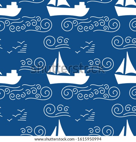 Seamless pattern with white silhouette Sailing yacht in the sea, waves and clouds. Line doodle sketch. Hand drawn Vector illustration on blue background.