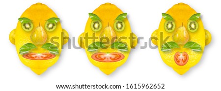 A talking head made of fruits with moving parts of the face on a white background. Options for facial expressions with a change in the mouth and eyebrows. Animation in the video section.