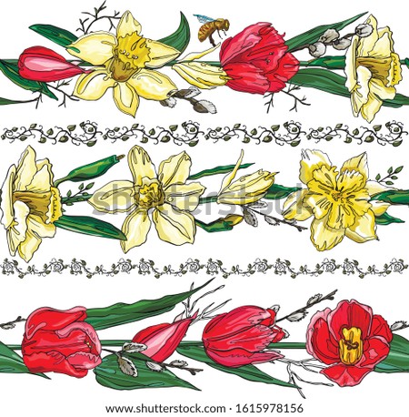 A set of vector design elements, including seamless floral patterns. Hand drawn flower collection.