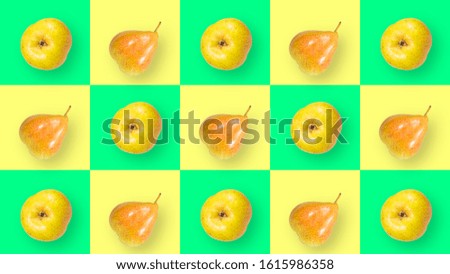 An abstract picture of pears with leaves on a yellow-green background made of squares for each element of the picture.