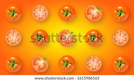 Abstract picture of tomatoes on a yellow-red gradient background. Animation in the video section. 