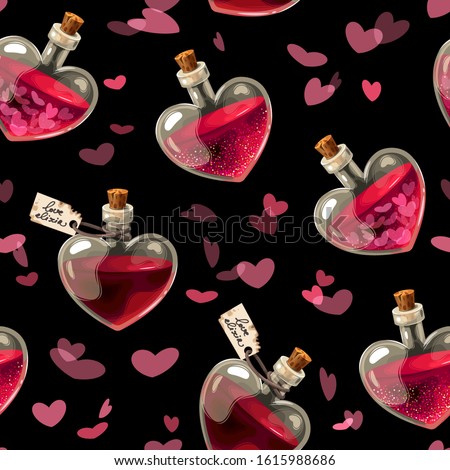 Seamless pattern with bottles of love potion