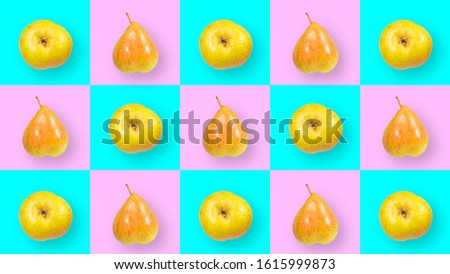 An abstract picture of pears on a pink-turquoise background of squares for each image element. Animation in the video section.