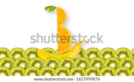 The ship consists of a banana hull, a mandarin wedge sail, a flag leaf floating on the sea from kiwi slices on a white background. Animation in the video section.