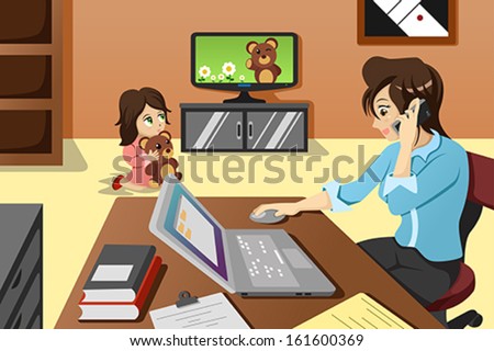 A vector illustration of mother working in the office while her daughter watching television