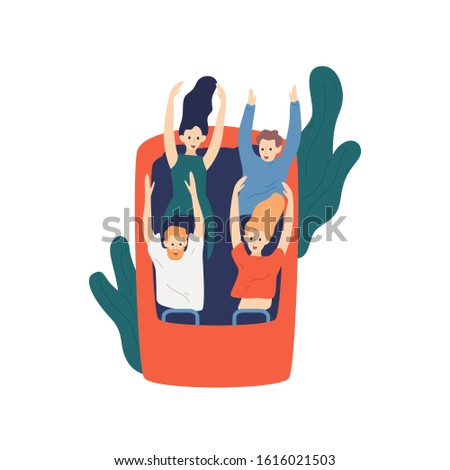 Group of cartoon friends ride roller coaster vector flat illustration. Visitors at thrilling amusement park isolated on white background. Emotional, customers experience, active recreation concept. Royalty-Free Stock Photo #1616021503