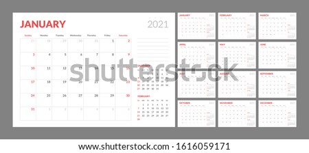 Wall calendar for 2021 year in clean minimal style. Corporate design planner template. Week Starts on Sunday. Set of 12 Months. Ready for print. Royalty-Free Stock Photo #1616059171