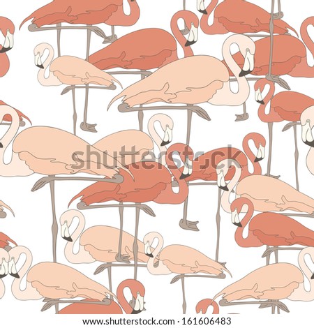 Cute seamless pattern with pink flamingos. Cartoon background with birds. 