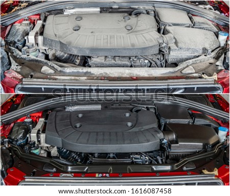 Modern Car engine, before and after cleaning maintenance, half divided picture, comparison effect.