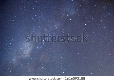 Beautiful, wide blue night sky with stars and Milky way galaxy. Astronomy.  Image contains excessive noise, film grain, compression artifacts and posterization due to long exposure and high ISO.