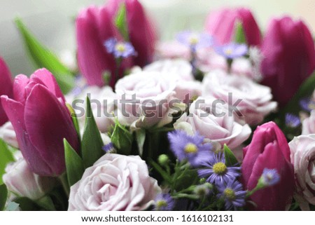 Bouquet of pink roses and tulips stock photo. Gift cards. Beautiful background flowers, roses and tulips. Greeting card, decoration for party.