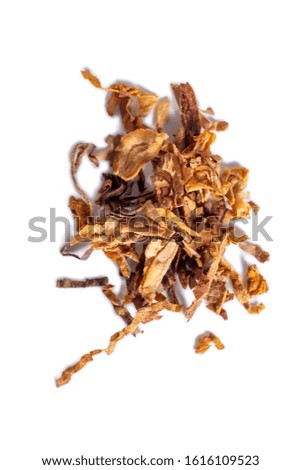 dried smoking tobacco Isolated on a white background. Macro photo.