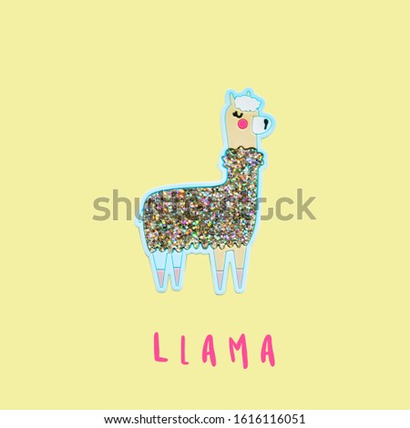 Funny colored llama with sparkles on a yellow background. Trend creative.