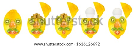 Head made of fruits on a white background. Variants of facial expressions with a change in the mouth and eyebrows with the opening of the skull. Animation in the video section.