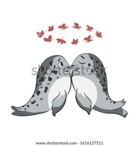Couple in love, two cute cartoon baby Seal. Graphic print for t-shirt. Vector illustration isolated on white