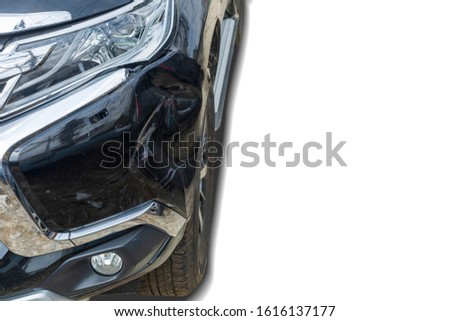 Close up front of black color car damaged and broken by accident isolated on white background. Save with clipping path. 