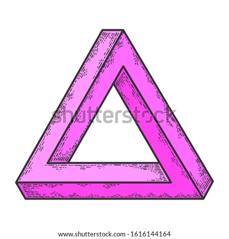 Penrose impossible tribar triangle sketch engraving raster illustration. T-shirt apparel print design. Scratch board imitation. Black and white hand drawn image.