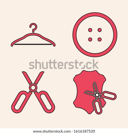 Set Scissors and leather, Hanger wardrobe, Sewing button for clothes and Scissors icon. Vector