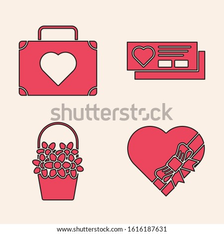 Set Candy in heart shaped box and bow, Suitcase for travel with heart, Ticket with heart and Flowers in a basket icon. Vector