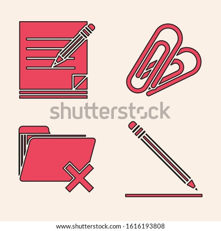 Set Pencil with eraser and line, Blank notebook and pencil with eraser, Paper clip and Delete folder icon. Vector