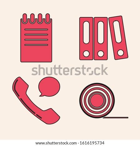 Set tape, Notebook, Office folders with papers and documents and Telephone handset and speech bubble chat icon. Vector