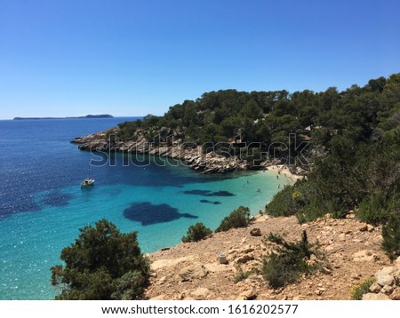 Beautiful turquoise bay at Ibiza. Balearic island. Beautiful place for diving.