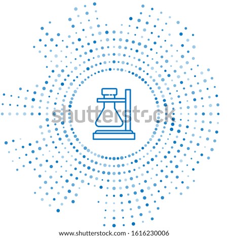 Blue line Glass test tube flask on stand icon isolated on white background. Laboratory equipment. Abstract circle random dots. Vector Illustration