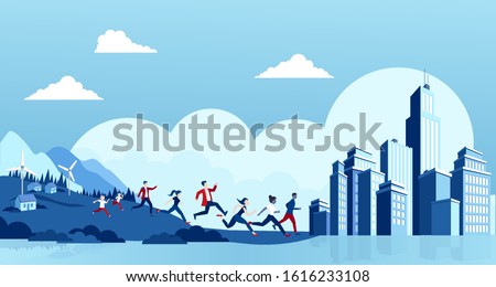 Rural to urban migration concept. Vector of people running away from countryside to a big modern city Royalty-Free Stock Photo #1616233108